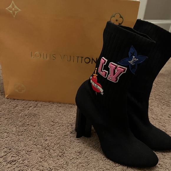 Stretch Fabric LV Black Heart Sock Ankle Boots 41 Black - Picture 5 of 5